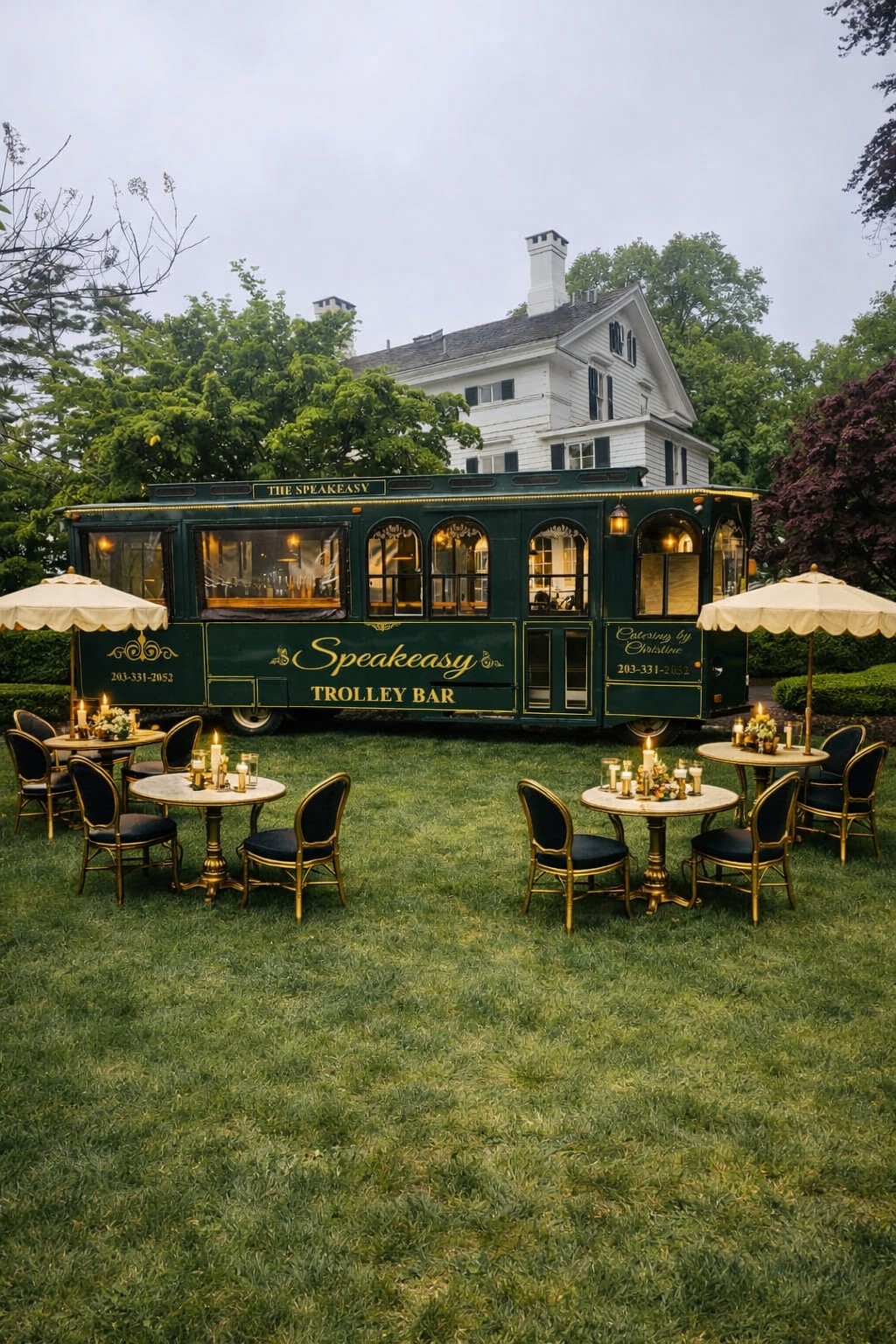 The Speakeasy Trolley Bar setup with bistro tables at an outdoor estate event